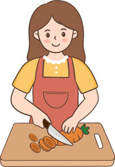 오븐 베이킹과 조리 등 주방에서 즐겁게 요리하는 에이프런 차림의 여성 캐릭터 © 현미 이