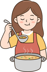 오븐 베이킹과 조리 등 주방에서 즐겁게 요리하는 에이프런 차림의 여성 캐릭터 © 현미 이