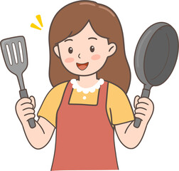 오븐 베이킹과 조리 등 주방에서 즐겁게 요리하는 에이프런 차림의 여성 캐릭터 © 현미 이