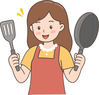 오븐 베이킹과 조리 등 주방에서 즐겁게 요리하는 에이프런 차림의 여성 캐릭터