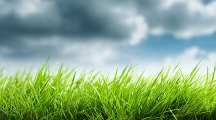 Fototapeta premium Lush Green Grass Under a Dramatic Sky with Clouds and Blue Background in a Natural Outdoor Setting