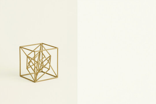 Brass wireframe tesseract hypercube surreal geometry concept