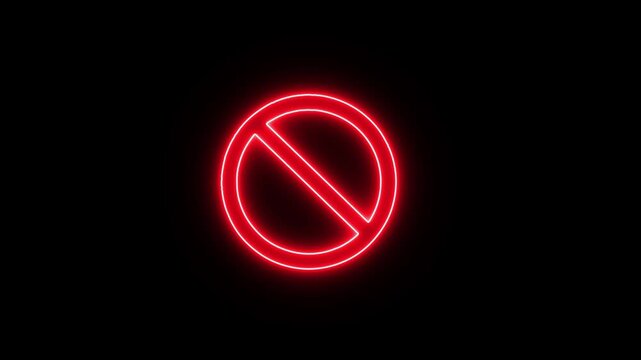 Red Neon Prohibited Ban Icon with Glowing Circle and Diagonal Slash, Forbidden Symbol on Black Background
