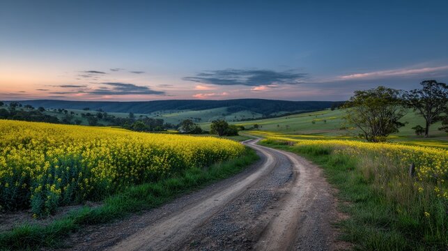 Serene Rural Landscape With Winding Dirt Road Among Vibrant Yellow Flower Fields Under Scenic Evening Sky
