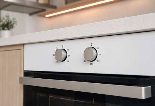 Close-up of modern minimalist kitchen stove control knobs on a clean white panel, featuring metallic details, wooden cabinetry, warm lighting, and contemporary interior design.