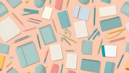 Fototapeta premium Seamless pattern of pastel office supplies and school stationery. Flat lay background with notebooks, pencils, pens, erasers, and notepads in soft colors.