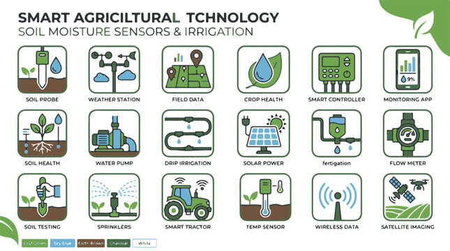 Smart Agriculture Technology Icons Set for Soil Moisture Monitoring and Irrigation Systems