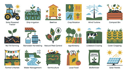Fototapeta premium Sustainable Farming Practices Icon Set Featuring Regenerative Agriculture and Green Technology