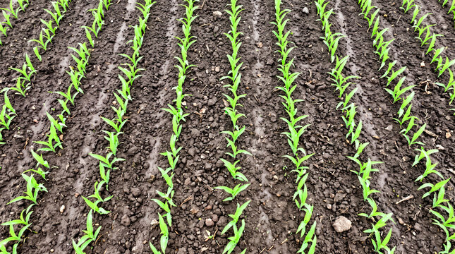 High angle view of neat rows of green corn sprouts emerging from fertile dark soil