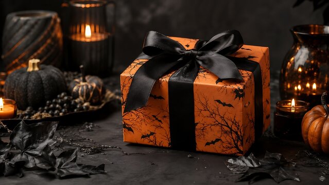 Halloween gift box with black ribbon surrounded by pumpkins and candlelight decorations