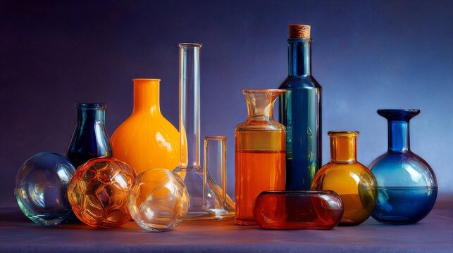 Advanced scientific laboratory glassware containing colorful chemical solutions, liquid samples, and experimental compounds for chemistry research, biotechnology, pharmaceutical development, scientifi