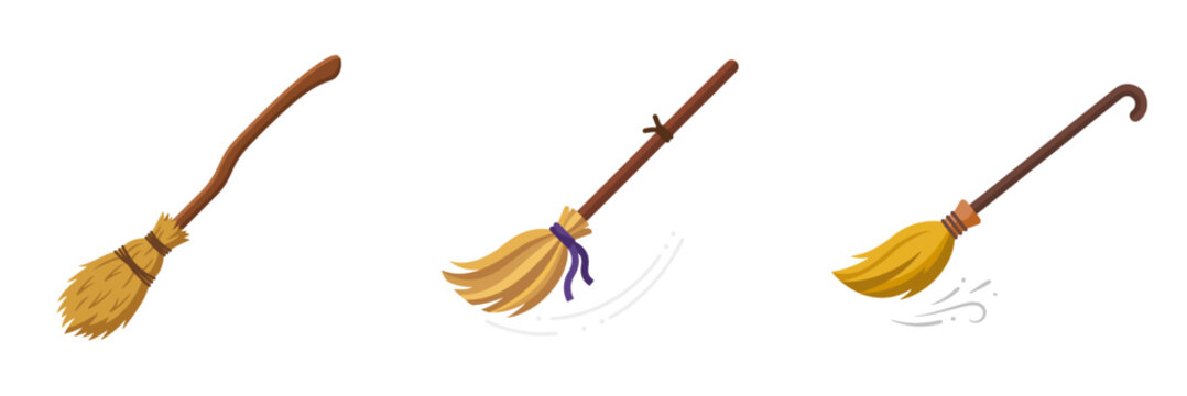 Set of three cartoon magic witch brooms isolated on white background