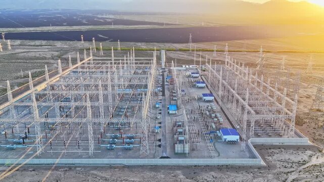 Electrical substation at sunset, high-voltage substation