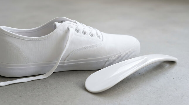 A White Canvas Shoe Resting on a Textured Gray Surface Next to a White Shoe Horn Tool