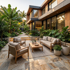 Fototapeta premium Luxury Tropical Hotel Lounge and Room with Pool, Wooden Furniture, Patio, Garden, and Outdoor Resort Seating