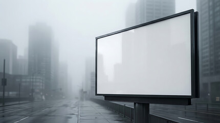 Fototapeta premium Blank Billboard in a Foggy City Street Scene with Tall Buildings and Wet Pavement