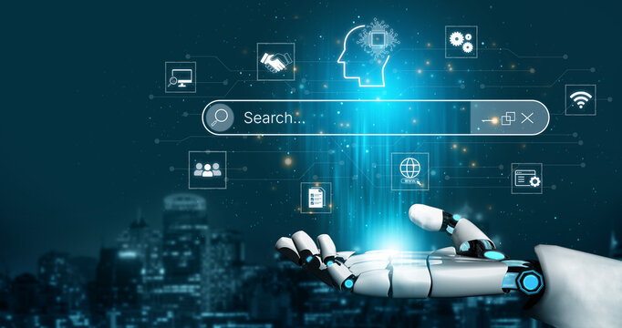 Artificial intelligence AI search concept enabling smarter discovery, recommendations to digital services and knowledge. Generative AI search engine algorithm provide user intent result. Corpus