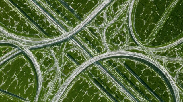 Aerial View of Complex Highway Interchange Surrounded by Lush Green Fields and Patterns of Rural Landscape