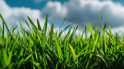 Fototapeta premium Fresh Green Grass Sprouting Under Bright Sky with Soft White Clouds for Nature and Outdoor Themes