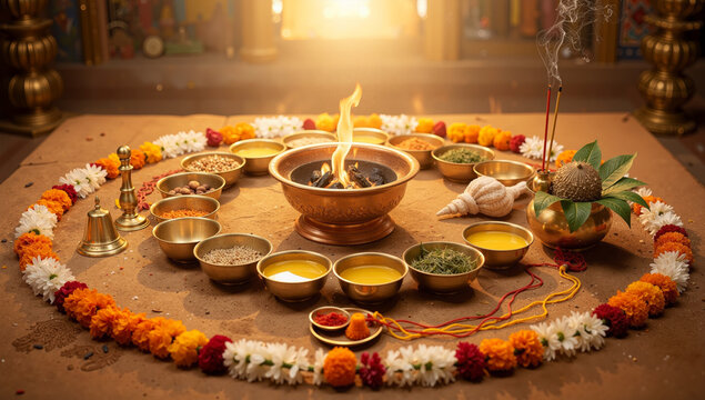 A traditional Hindu puja or yajna ceremony with a sacred fire, offerings, and marigold flower decorations.