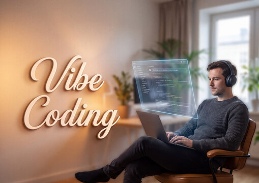 Programmer working on laptop with floating holographic interface code display in a cozy modern home office setting with soft ambient lighting and wooden furniture interior