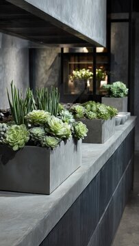 Modern kitchen counter with concrete planters filled with succulents and greenery