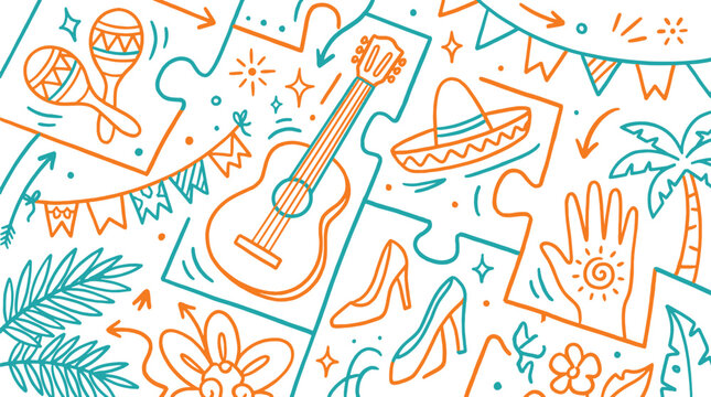 Mexican fiesta celebration doodle icons sketch background illustration with guitar icon maracas drawing sombrero hat tropical palm puzzle pieces party elements folk art tradition