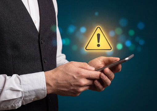 Warning exclamation sign hovering over smartphone screen held by professional businessman in formal vest showing digital security alert concept against dark blue glowing bokeh background