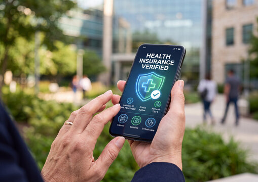 Health insurance verification displayed on smartphone screen held by person using digital application for medical coverage management in outdoor urban office complex background environment setting