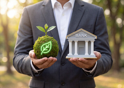 Businessman holding a green mossy earth sphere with a glowing leaf symbol and a small miniature bank building model representing sustainable finance and investment growth