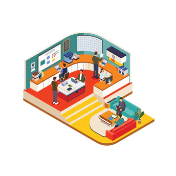 Isometric Digital Classroom Scene with Students Using Laptops and Teacher Explaining