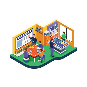 Isometric Modern Learning Center with Students Using Laptops and Teacher Presentation Board
