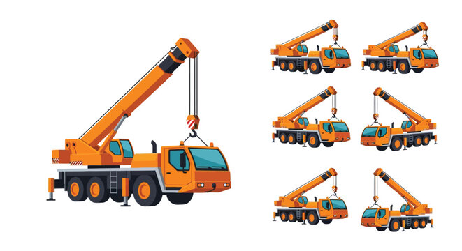 Set of orange mobile crane illustrations from multiple perspectives for construction and industrial design.
