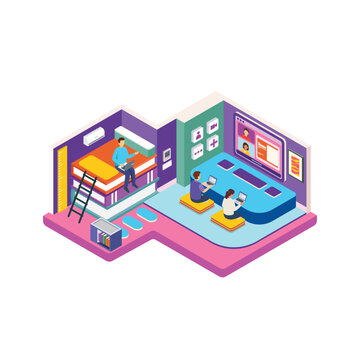 Isometric Modern Learning Space with Students Learning on Laptops and Books