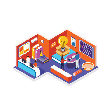 Isometric Creative Learning Space with Lightbulb Idea Concept and Students