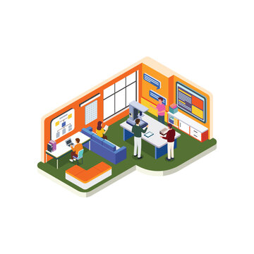 Isometric Technology Training Classroom with Interactive Students