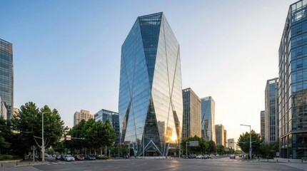 Naklejka premium Sharp geometric glass building reflecting sunset in urban district.