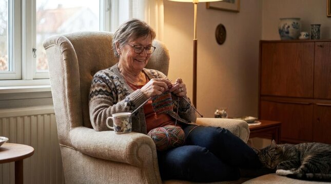 Senior woman knitting in armchair with cat.