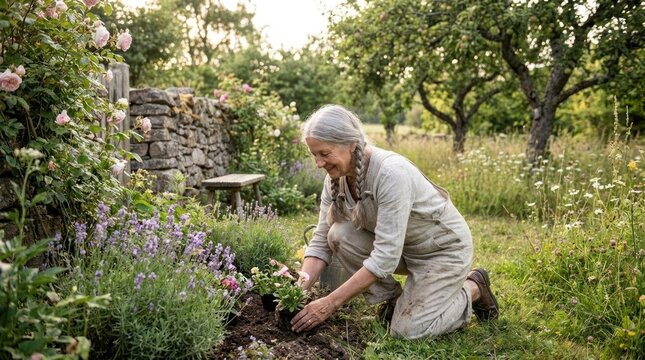 Senior woman planting flowers in a lush backyard garden on a sunny day.