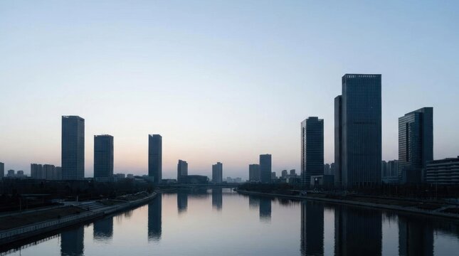 Serene city skyline silhouette reflected in calm river at dawn.