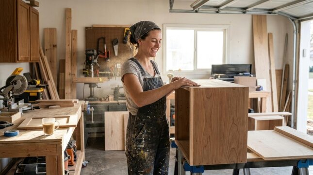 Smiling woman working on wooden cabinet in home workshop.