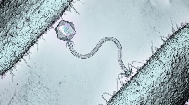 Microscopic 3D illustration of a bacteriophage virus infecting a bacterium