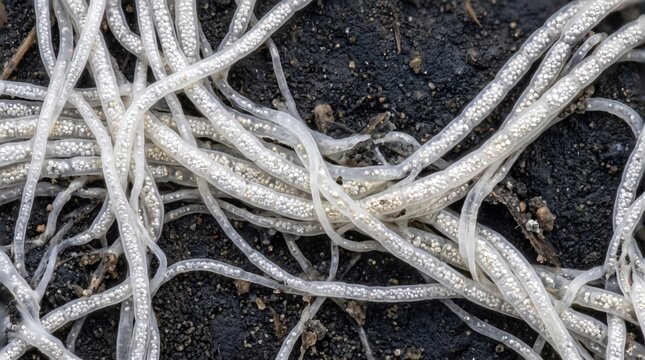 Macro shot of translucent white slime mold or mycelium over dark soil