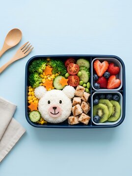 Healthy Kids Food Bento Box Featuring A Cute Bear Rice Shape Design