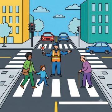 Crossing guard helping people at a crosswalk