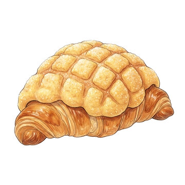 Croissant Melon Bread colored pencil and watercolor illustrations