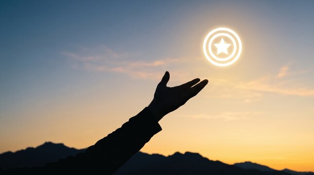 Silhouette of hand reaching towards glowing star icon in sky at sunset, achievement and success goal, aspiration and ambition visualization, leadership excellence symbol