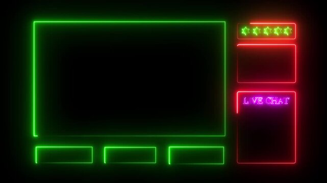 Neon gaming stream overlay with live chat and five star rating ui