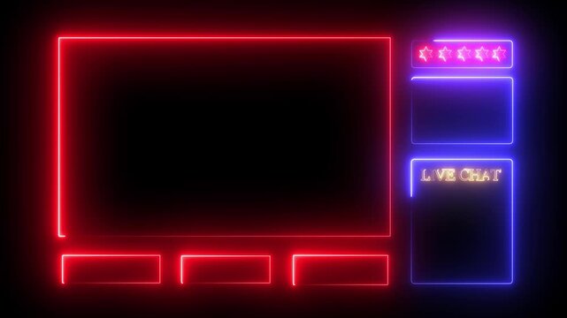 Neon gaming live stream overlay with chat box and five star rating ui