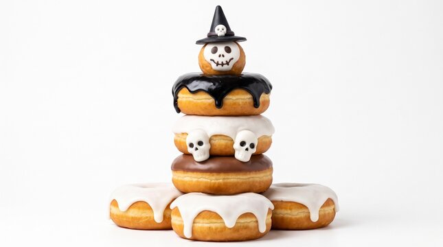 A festive stack of Halloween-themed donuts with white, chocolate, and black glazes, topped with a skull wearing a witch hat on a white background.